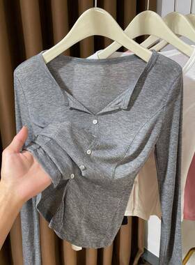 灰色V领薄款套头小外套上衣女春季2026新款设计感显瘦针织0203r1