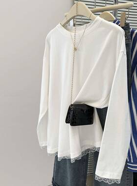 白色蕾丝花边拼接长袖T恤女早春宽松韩版打底衫内搭上衣潮0206zd