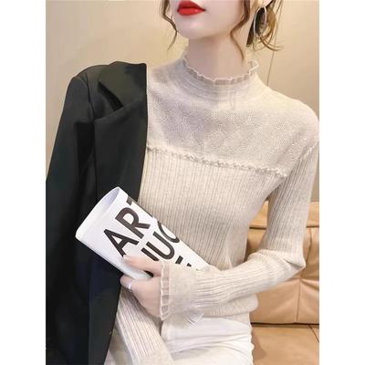 秋冬半高领打底衫女修身内搭蕾丝木耳边针织衫配大衣的上衣1121z