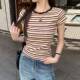 短款 春季 上衣0205z T恤撞色条纹短袖 T恤女半袖 港式 圆领正肩修身