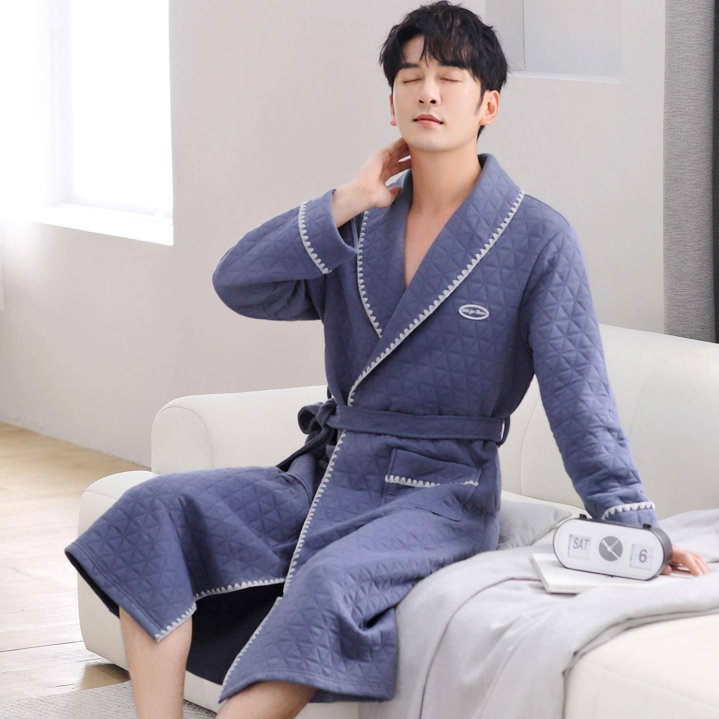 秋冬空气棉睡袍男士秋冬季夹层加厚休闲秋薄款夹棉睡衣浴袍1009c