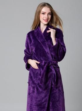 秋冬睡袍女款秋冬季加长款紫色法兰绒加厚珊瑚绒睡衣男士浴1009c
