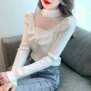 2026年新款春秋半高领长袖网纱针织衫女气质扭结毛衣打底衫0109w