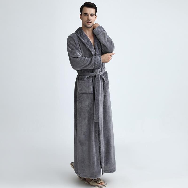 秋冬睡袍男士秋冬季加长款法兰绒长袍家居服睡衣女加厚加绒1009c