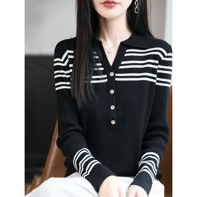 秋冬经典撞色条纹POLO领针织毛衣打底衫女时尚休闲半开领气1129z