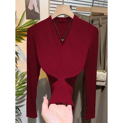 冬季2025新款长袖V领打底针织衫女修身显瘦内搭色简约针织上1128r