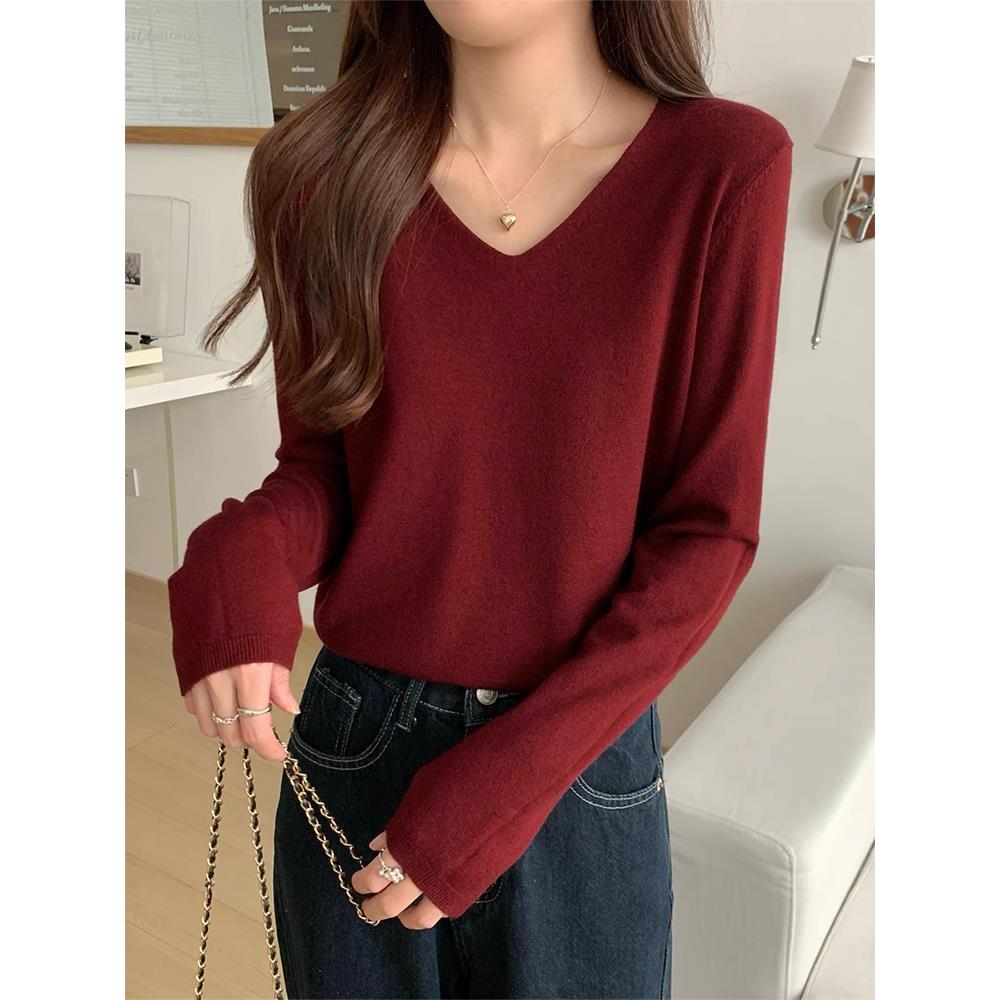酒红色V领打底衫女冬宽松毛衣简约内搭针织衫上衣1108w