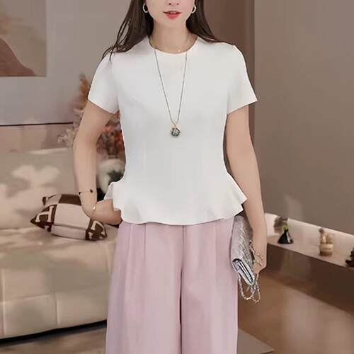 小个子荷叶边短袖T恤女夏季新款宽松显瘦时尚减龄休闲上衣0806e