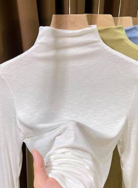 白色薄款针织衫女长袖春季新款半高领螺纹打底衫毛衣叠穿内0203r1