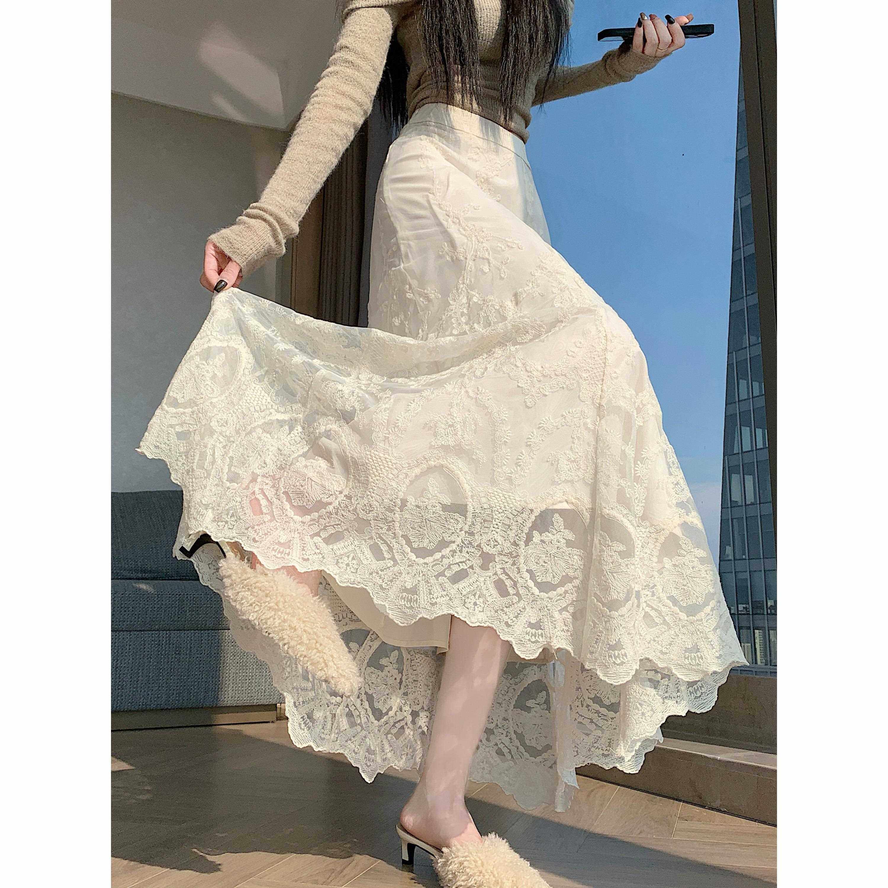 蕾丝半身裙女春秋新款高腰大摆拼接a字裙网纱长款垂感伞裙子0117w,女装/女士精品,半身裙,淘宝优惠券,粉丝福利购,淘宝优惠卷