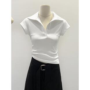 洋气女孩白色V领右肩短袖t恤女子夏季苗条显瘦Polo衫上衣0310w