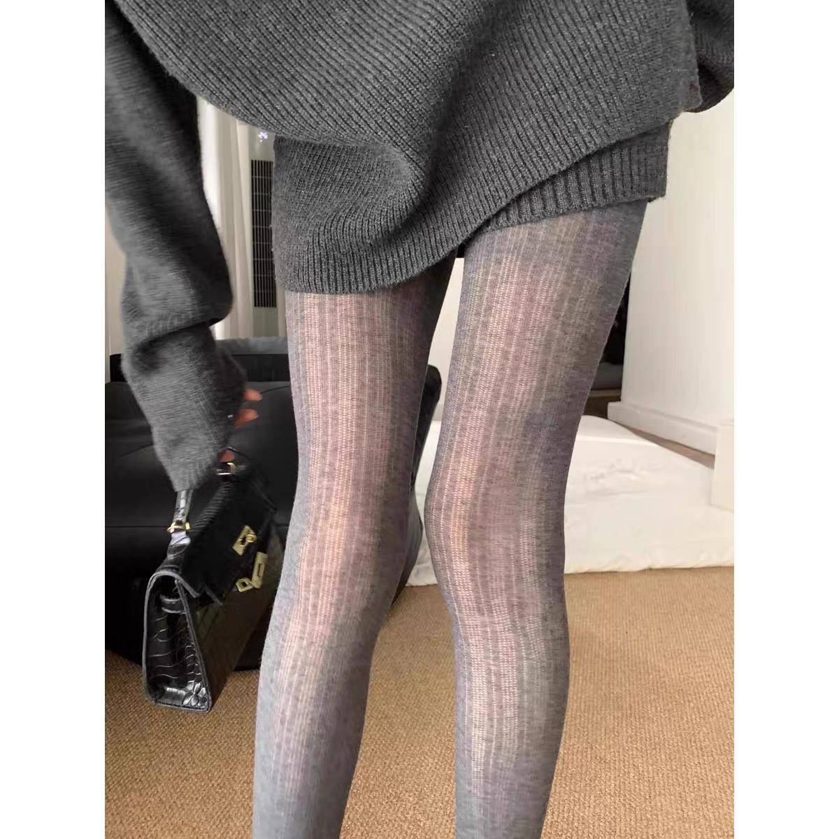 灰色打底裤袜子女冬季保暖微压竖条显瘦外穿打底袜1021w