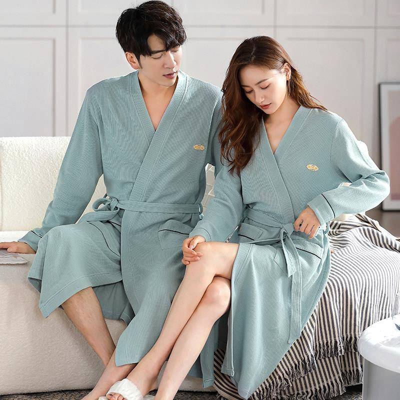 秋冬华夫格情侣浴袍女秋季中长款男士睡袍四季款浴衣家居服1009c