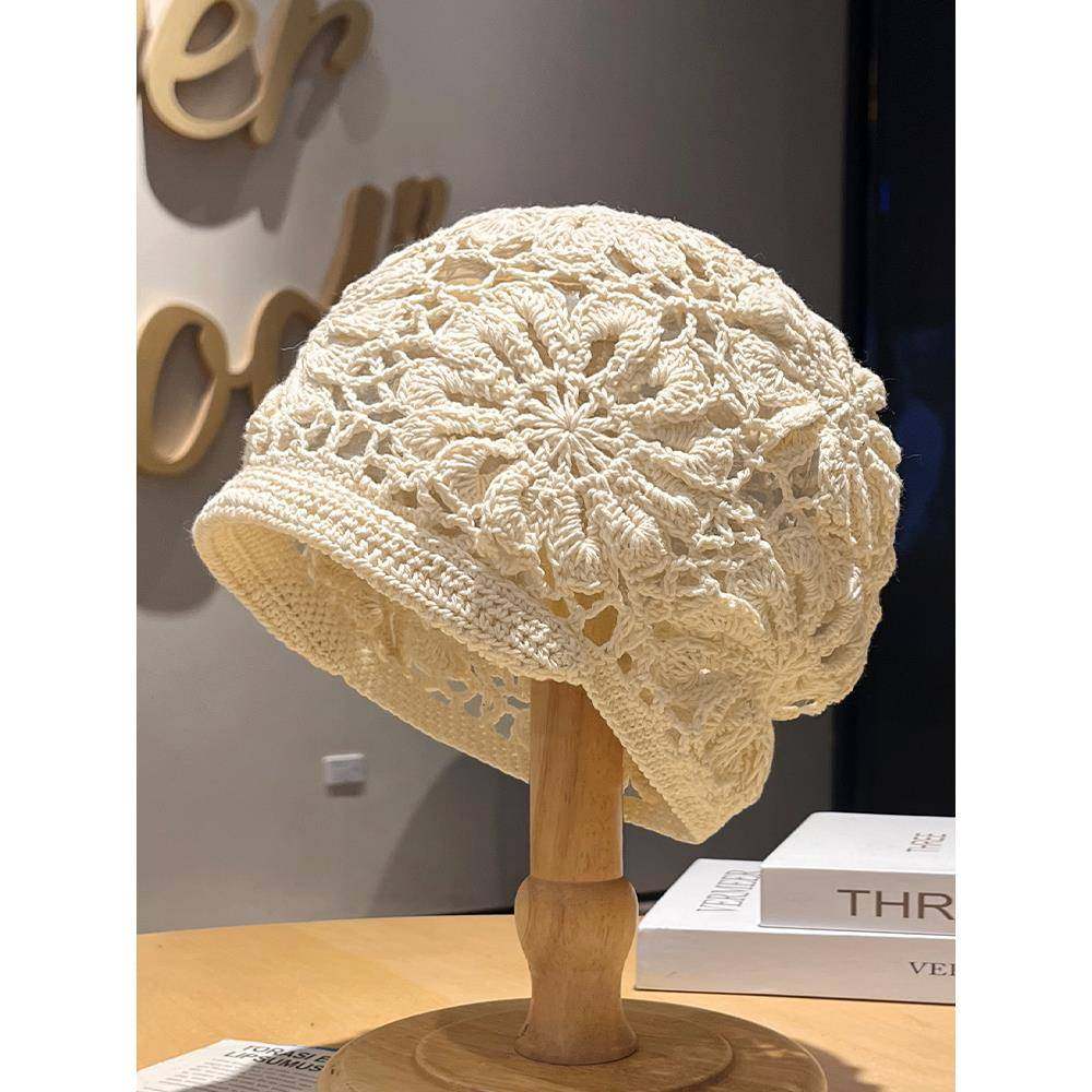 帽子女秋冬钩花女士薄款毛线帽镂空遮白发包头透气线堆堆帽1214r