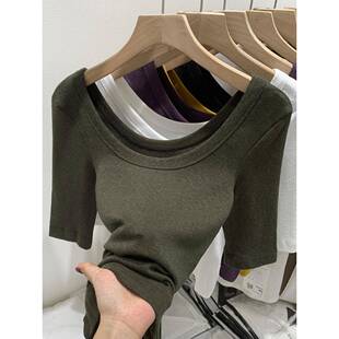 独好看橄榄绿大U领短袖T恤女2026春夏新款不撞款上衣0224w