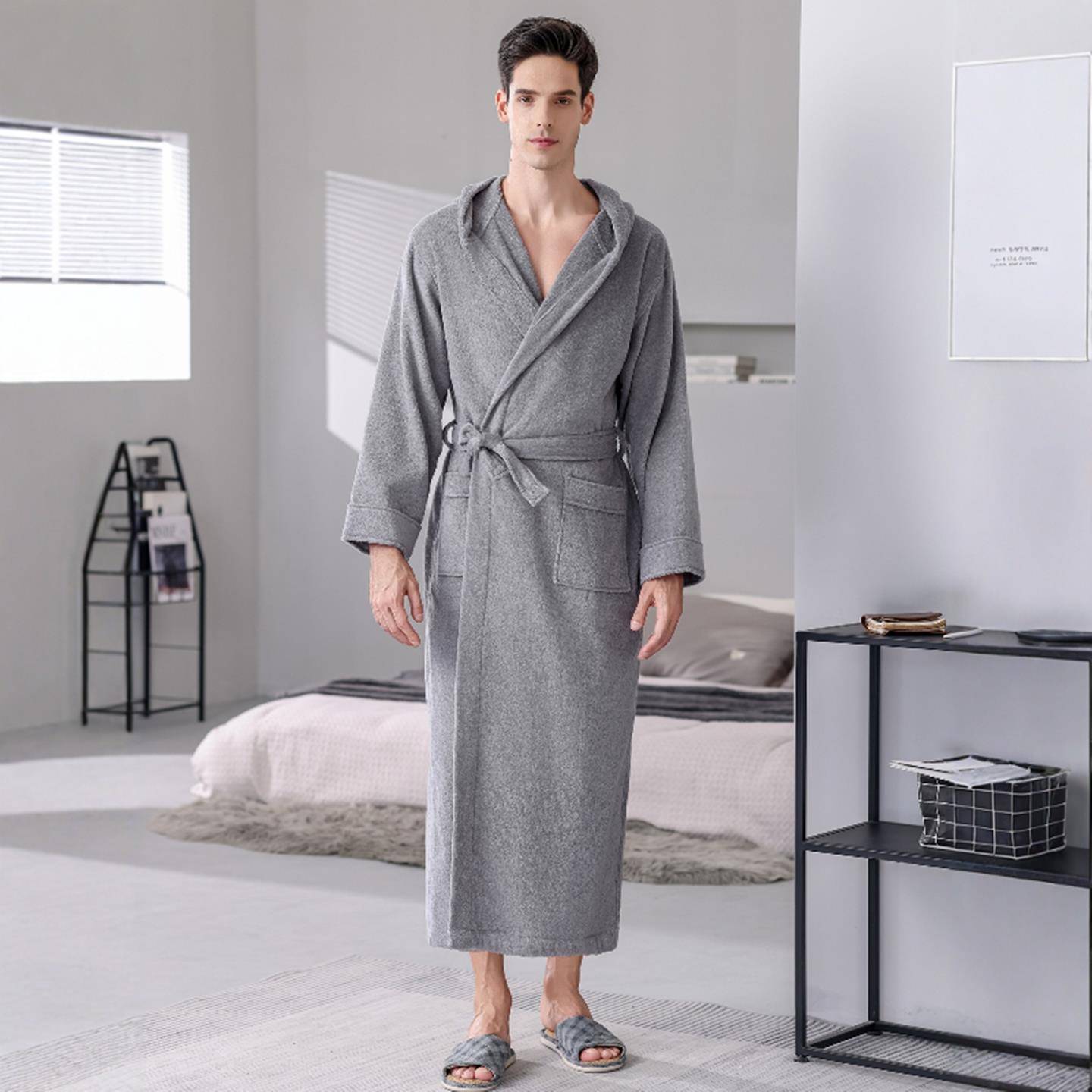 秋冬浴袍男士带帽子秋冬季睡衣加厚加长款睡袍1009c