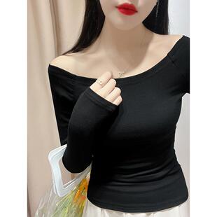 黑色优雅的单肩上衣高底长袖针织底与紧身锁骨漏t恤的妇女0306w