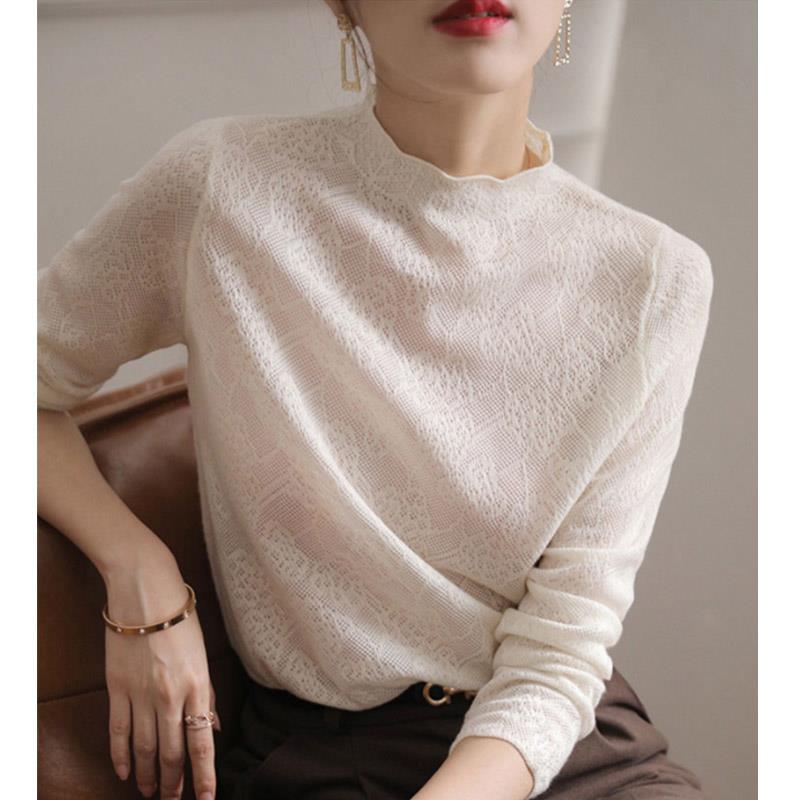 气质提花半高领打底衫女百搭宽松显瘦内搭长袖中领针织衫1204w