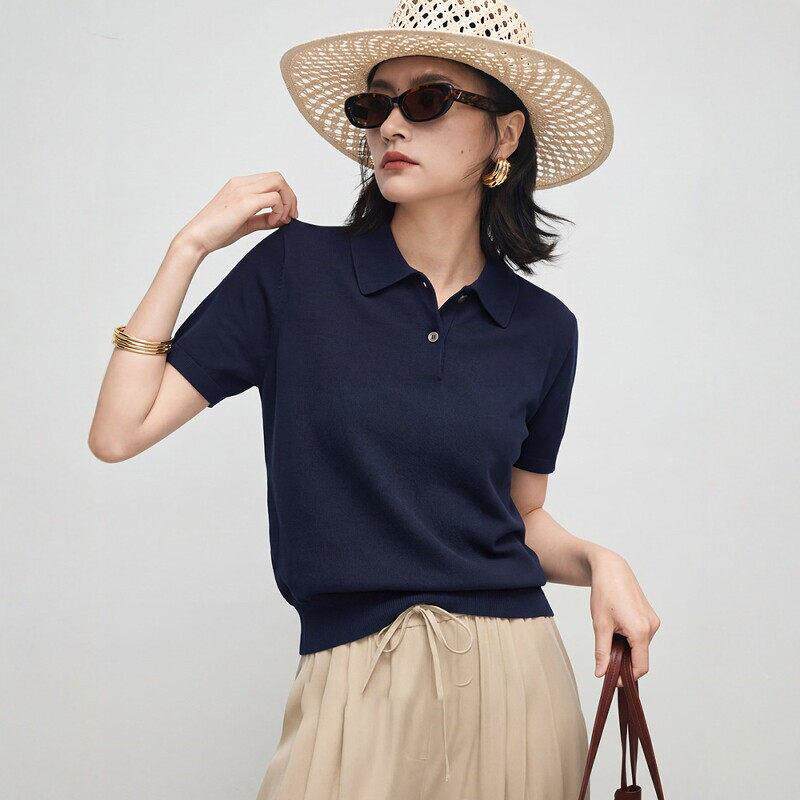 老钱风藏色翻领正肩短袖T恤女夏季法式复古针织polo衫气质上0512e