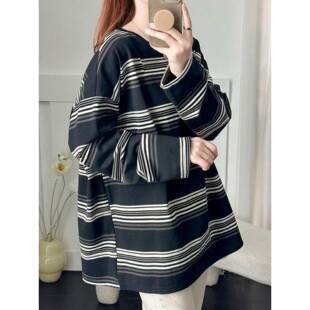 欧洲时尚女式条纹长袖t恤2026春秋季新款宽松中长内上装底衫0204r