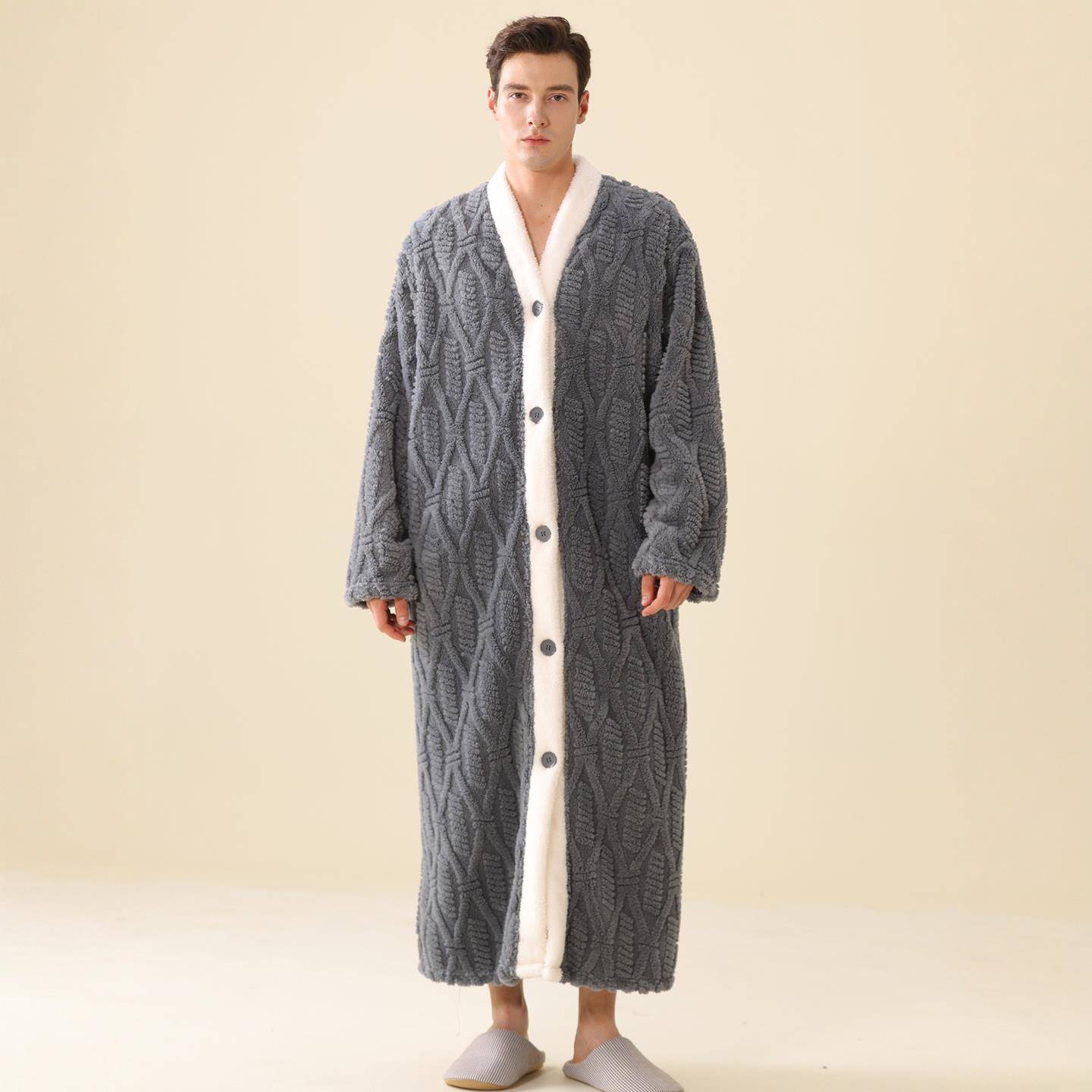 秋冬睡袍男士秋冬季加长款系纽扣子2025新款家居服保暖珊瑚1009c