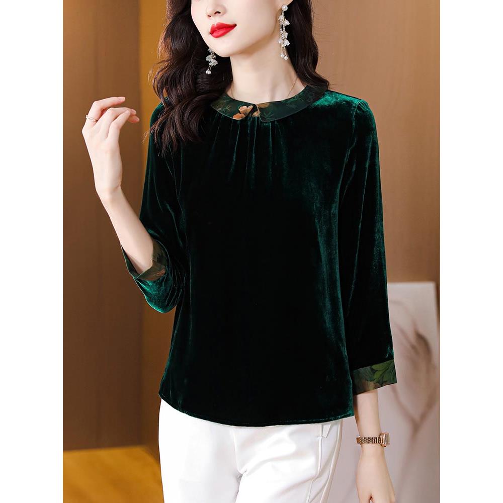 金丝绒复古七分袖T恤女季内搭外穿打底衫娃娃领宽松中袖上衣1208w