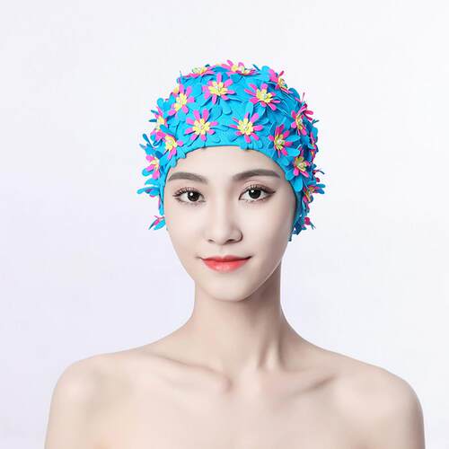 新款泳帽女珍珠花手工立体手工缝制三层花不勒头双层布料泉0518e