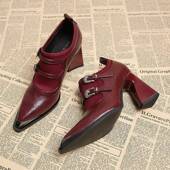 女春秋款 法式 深口红色尖头包鞋 高跟2026春秋玛丽珍气质小皮0129w