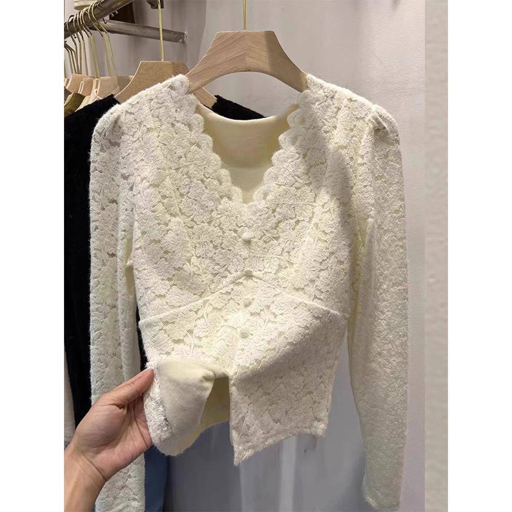 加绒V领蕾丝打底衫女冬保暖洋气高端小衫修身显瘦内搭上衣1130w