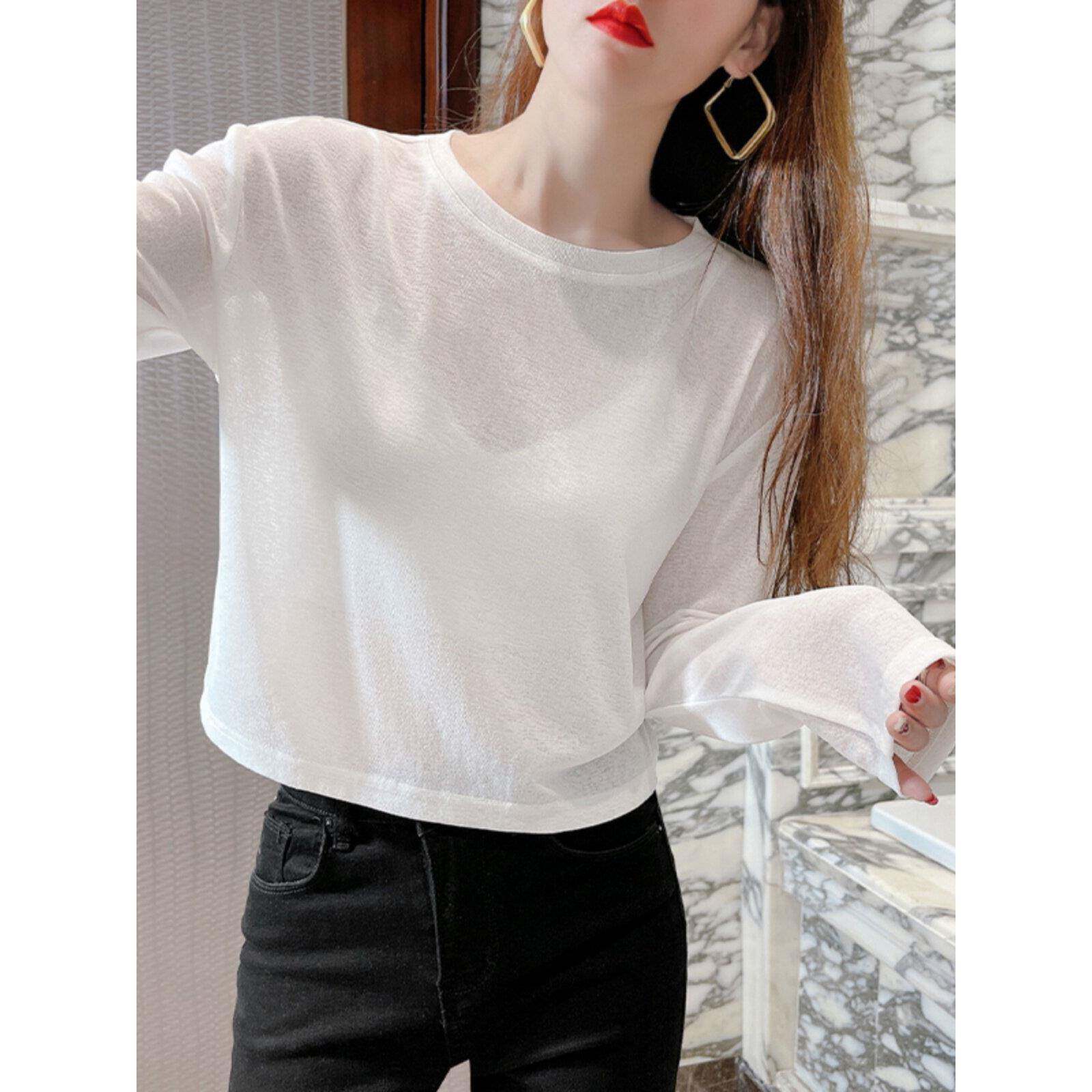 白色针织衫上衣女夏季薄款宽松短款T恤网纱长袖微透套头罩衫0301w