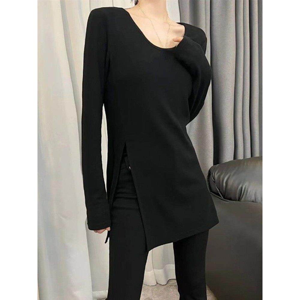 大尺码女装黑色长袖T恤女季新款内搭打底衫侧开叉中长版上衣0227w