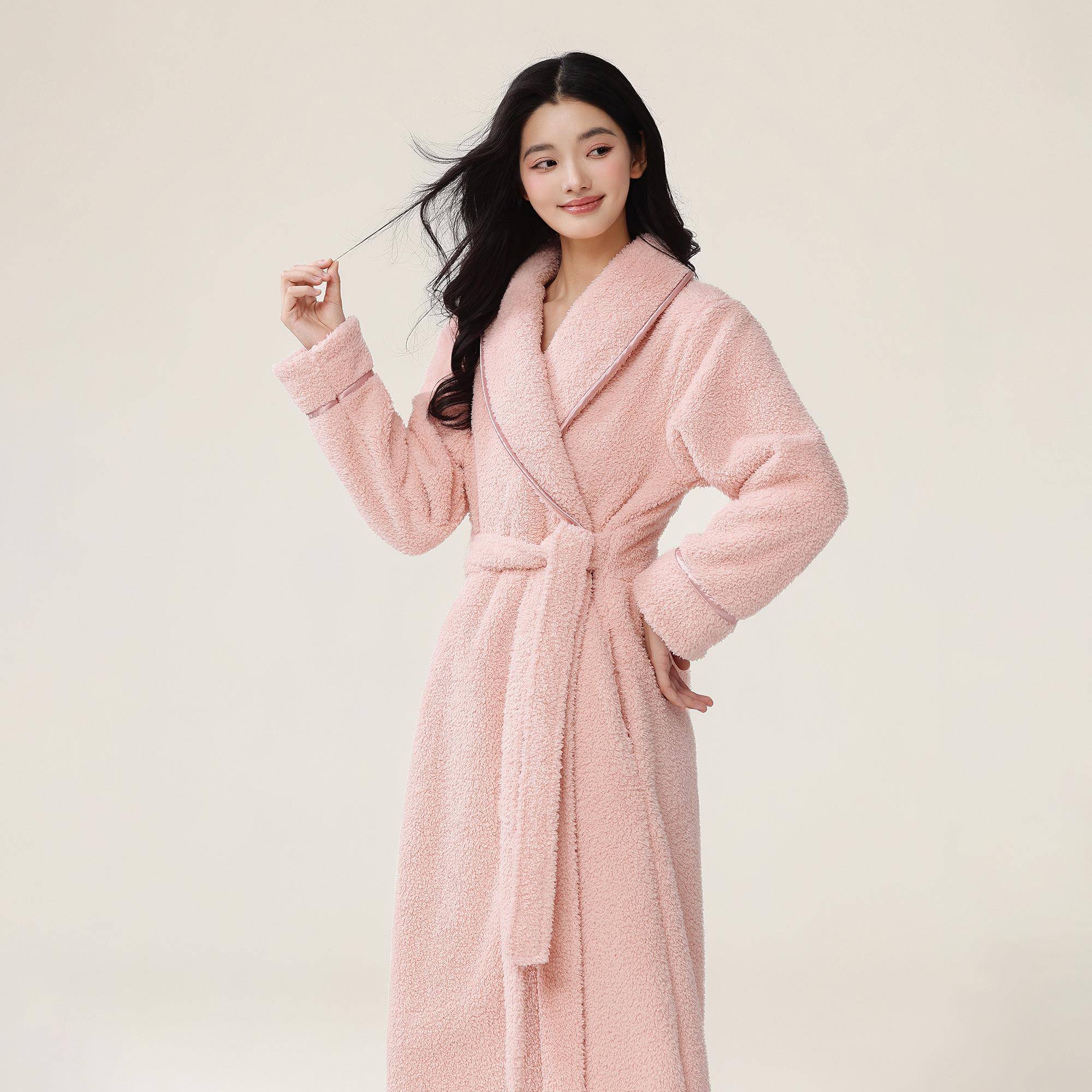秋冬北欧风睡袍女秋冬季法兰绒浴袍加长加绒加厚珊瑚绒睡衣1009c