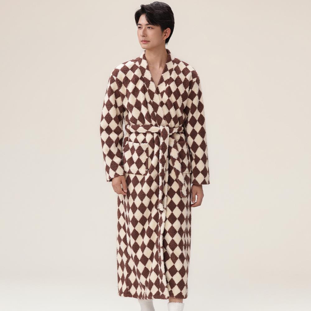 秋冬加厚款2025秋冬季男珊瑚绒睡袍加长加绒法兰绒浴袍格子1009c