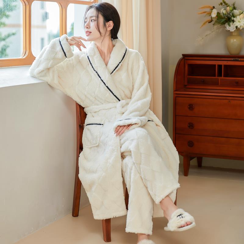 秋冬睡袍女秋冬季加长款家居服加绒加厚两件套睡衣男珊瑚绒1009c