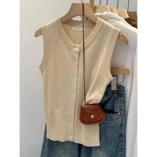 针织女式 好看 开衫 新款 上衣0320w 2026夏季 法国杏圆领格无袖