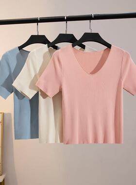 雅蒂夏季简约风镶钻T恤修身高腰短款v领短袖品质薄款套头0318e