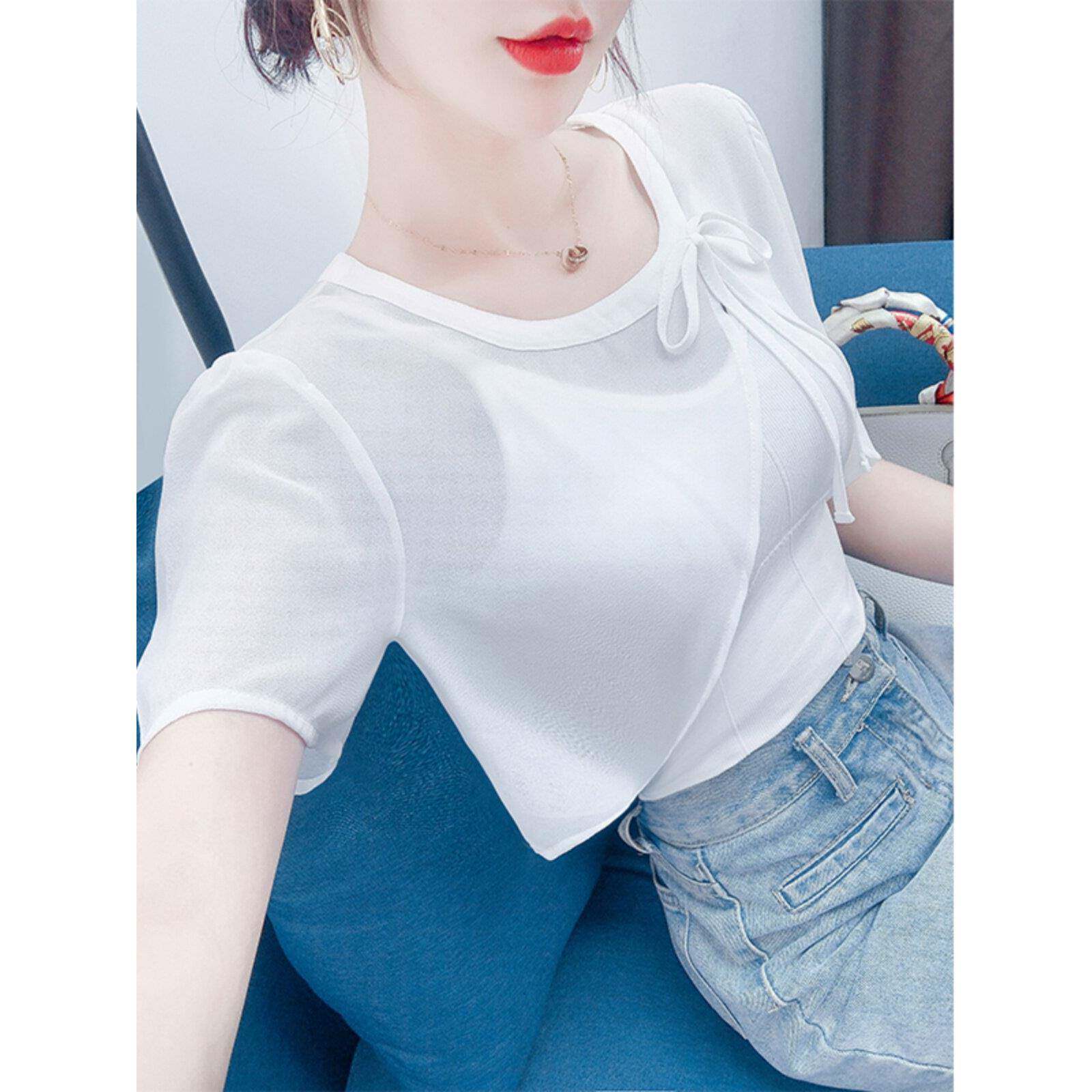 白色雪纺短袖2026年新披肩夏季吊带裙与开衫薄纱顶部圆领衬0415e