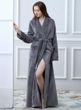 秋冬睡袍女秋冬季加长款法兰绒情侣长袍灰色长款男士睡衣珊1009c