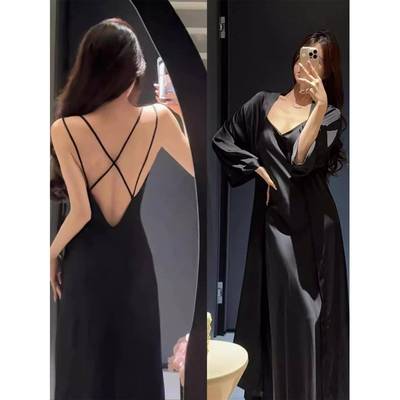 新款睡衣女款春露背吊带长款睡裙外晨袍套装带胸垫0128z