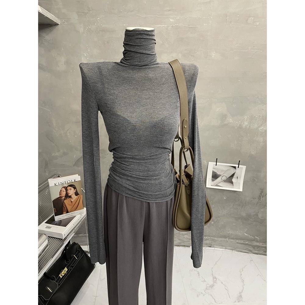 秋冬微透堆堆领打底衫女薄款长袖线衫色紧身内搭高领针织衫1121z