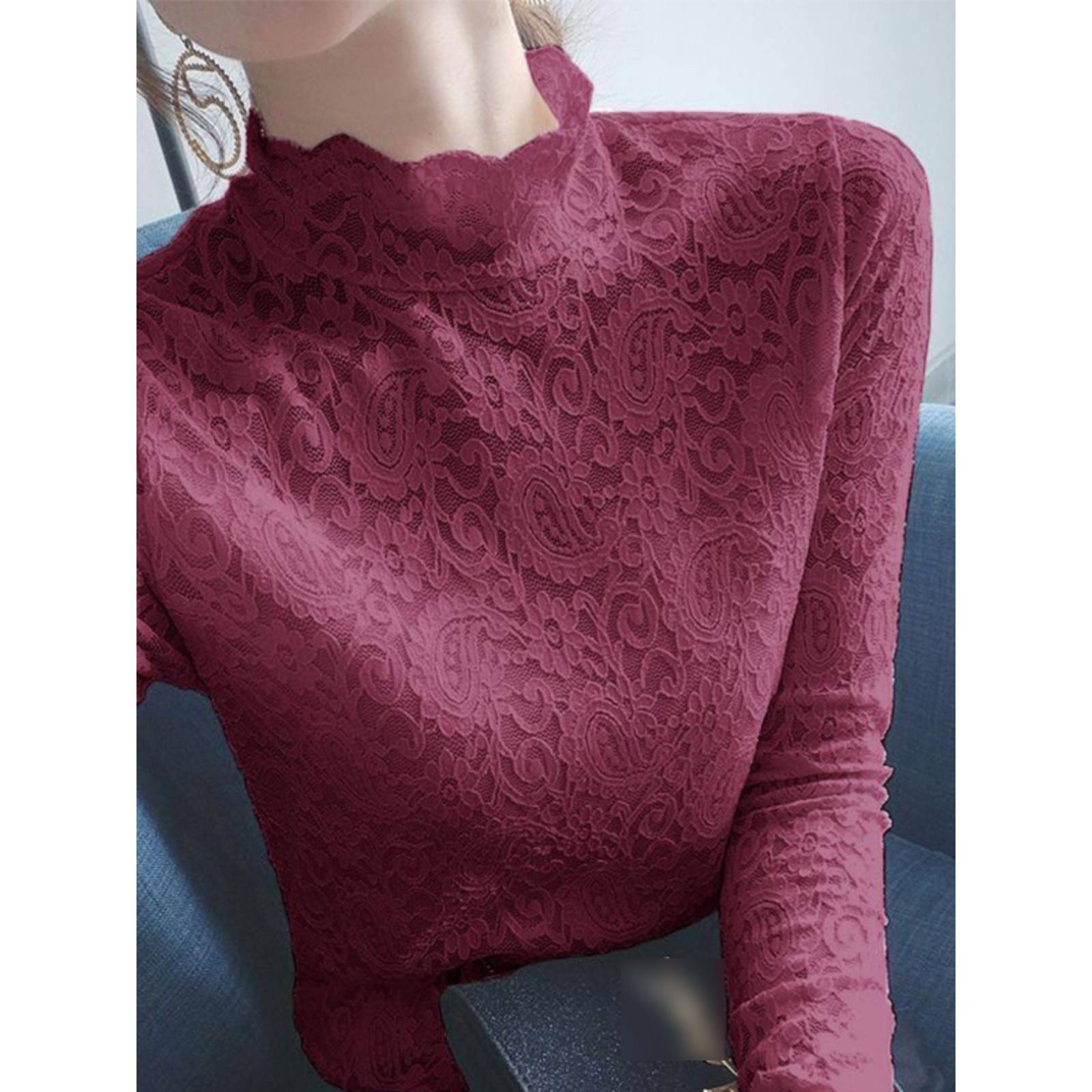 半高领蕾丝女衬衫2025秋季新款时尚修身衬里温暖长袖衬衫上1027r