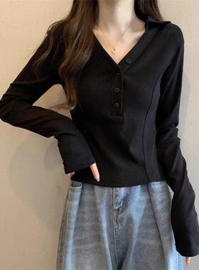 黑色V领长袖T恤女春季大尺码遮肚子修身显瘦打底衫短款正肩0106r1