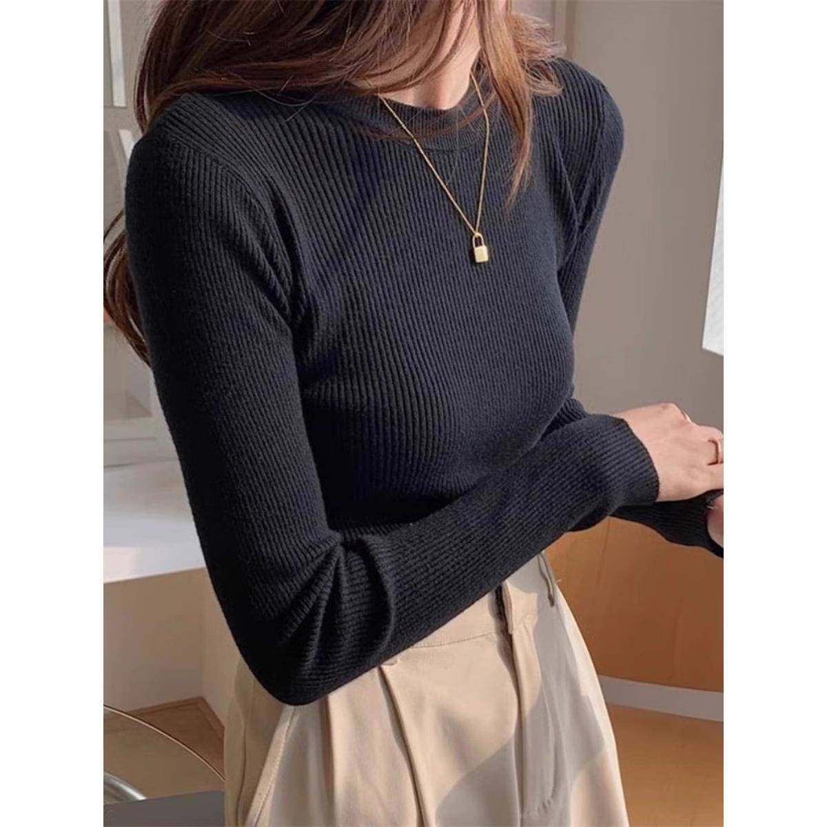 春秋女打底衫显瘦正肩圆领针织季修身紧身毛衣内搭长袖t恤黑1229k