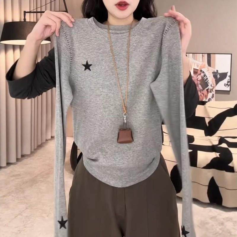 灰色五角星长袖打底t恤女2026春季大码胖MM显瘦韩系内搭减龄0116r,女装/女士精品,T恤,淘宝优惠券,粉丝福利购,淘宝优惠卷