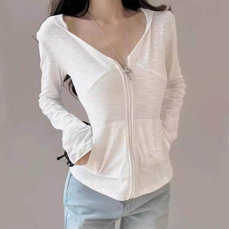 春季2026感白色明线长袖T恤女欲连帽拉链款外套修身口袋上衣0205z