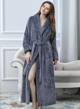 秋冬睡袍女秋冬季加长款法兰绒加厚加绒灰色家居服男士睡衣1009c