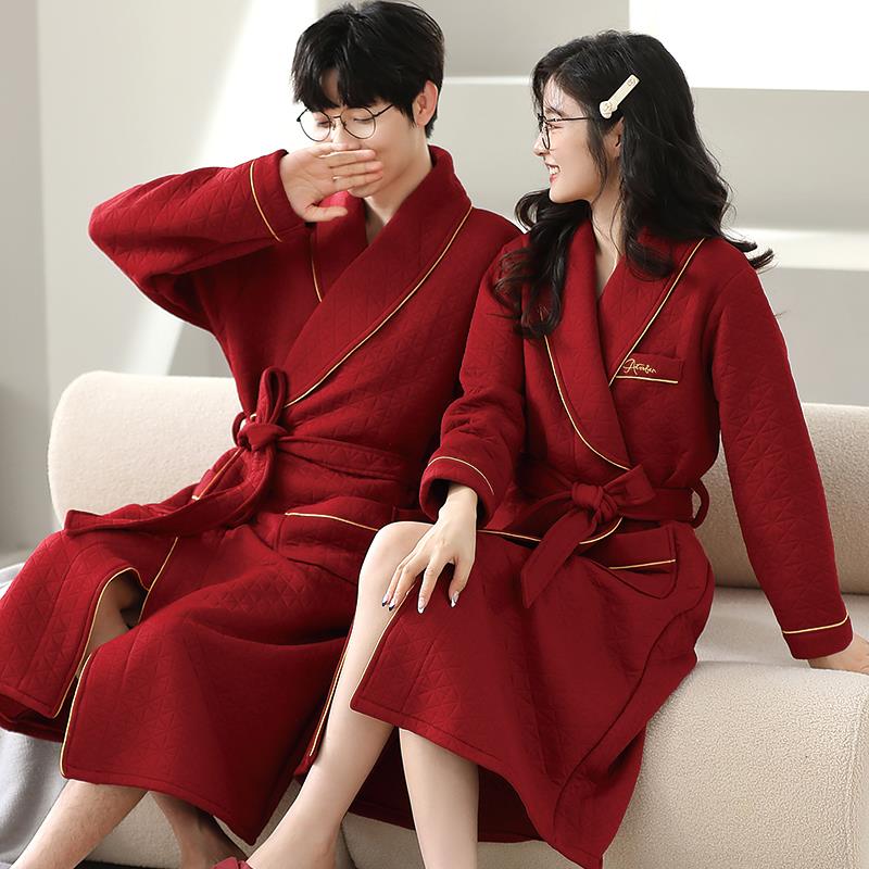 秋冬结婚新娘晨袍女秋冬款红色加厚情侣睡袍秋夹层男士睡衣1009c