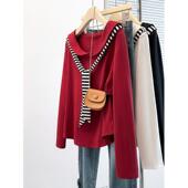 大尺码 红色条纹披肩娃娃领正肩长袖 T恤女2026早春新款 胖mm0128r1