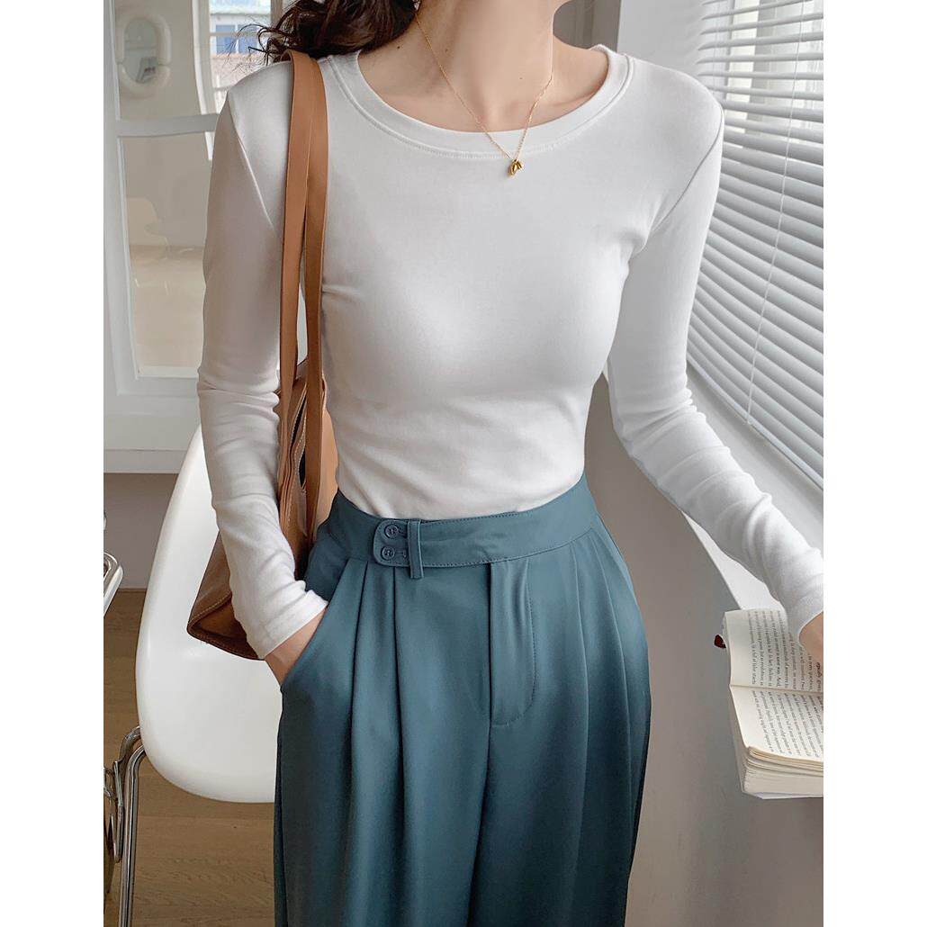 圆领打底衫女春秋秋白色紧身加厚磨毛t恤女叠穿长袖百搭上衣0208e