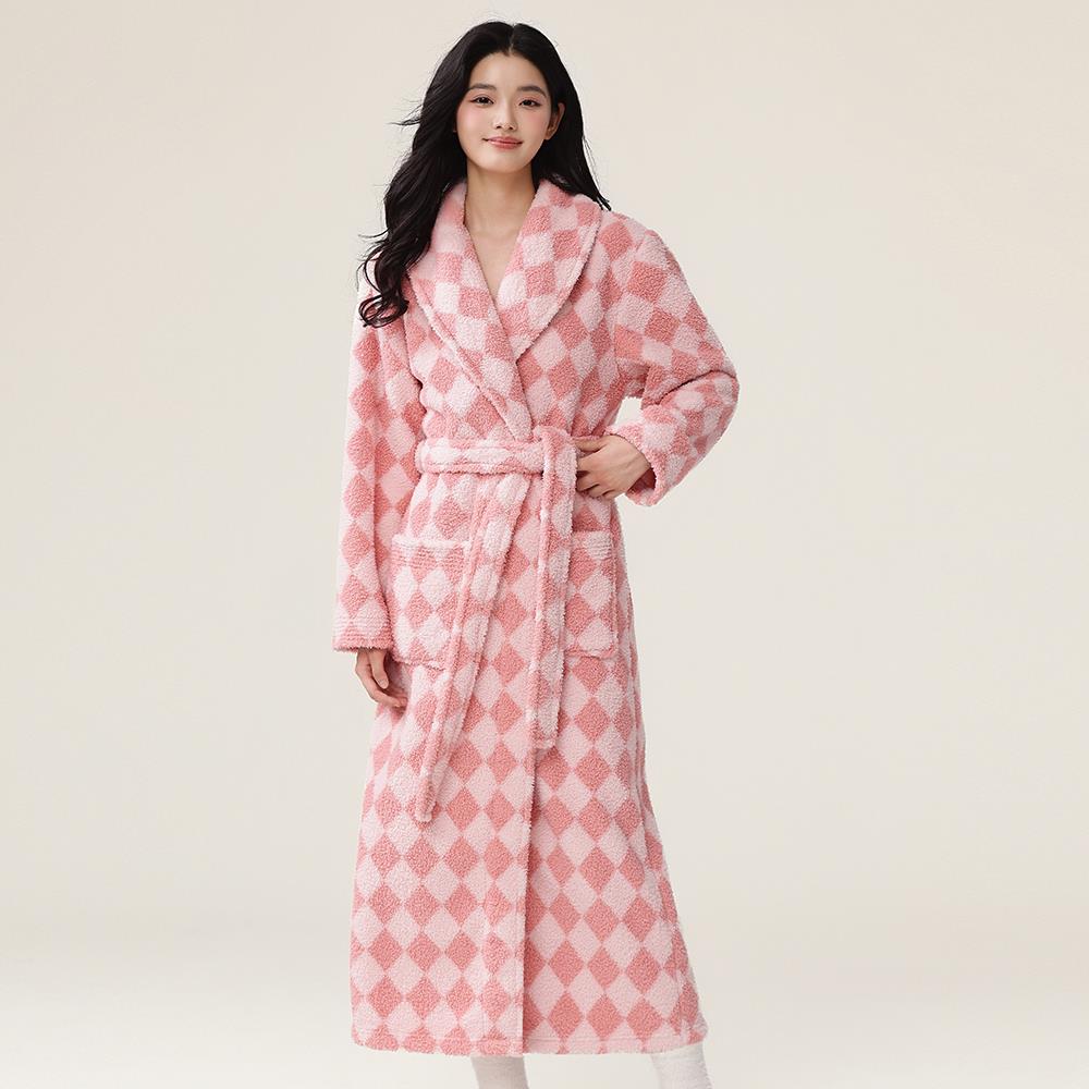 秋冬睡袍冬款女加厚加长法兰绒浴袍2025新款珊瑚绒格子睡衣1009c